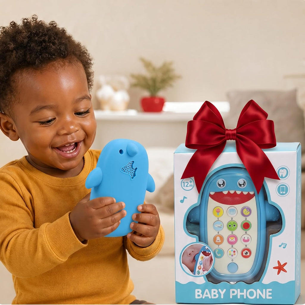 Baby Shark Cell Phone Toy Removable Teether Case, Light, Music Adjustable Volume Kid Play Learn Fake Phone Infant Toddler, Preschool Holiday Birthday Present Gift for Girl Boy 12 Months (Blue)