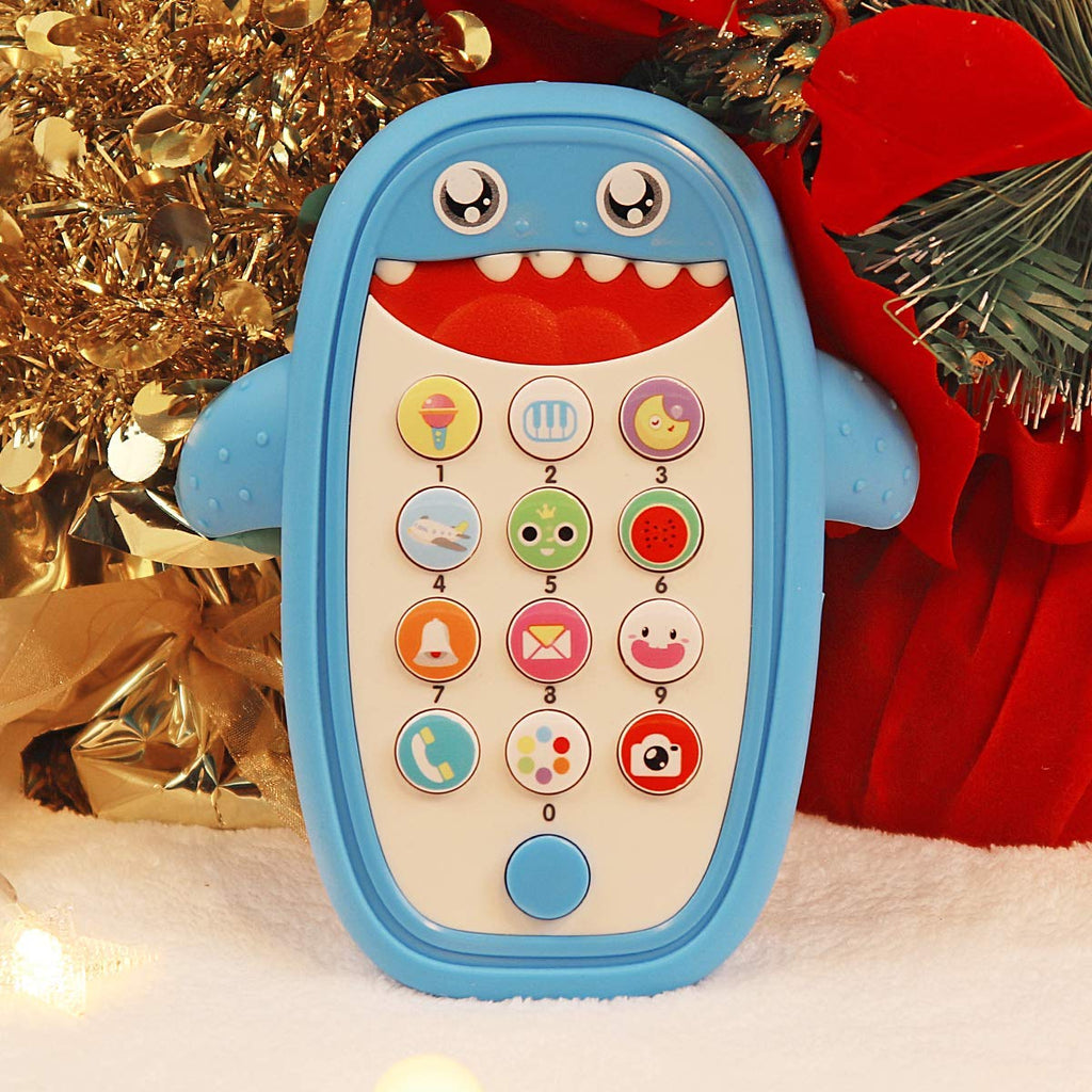Baby Shark Cell Phone Toy Removable Teether Case, Light, Music Adjustable Volume Kid Play Learn Fake Phone Infant Toddler, Preschool Holiday Birthday Present Gift for Girl Boy 12 Months (Blue)