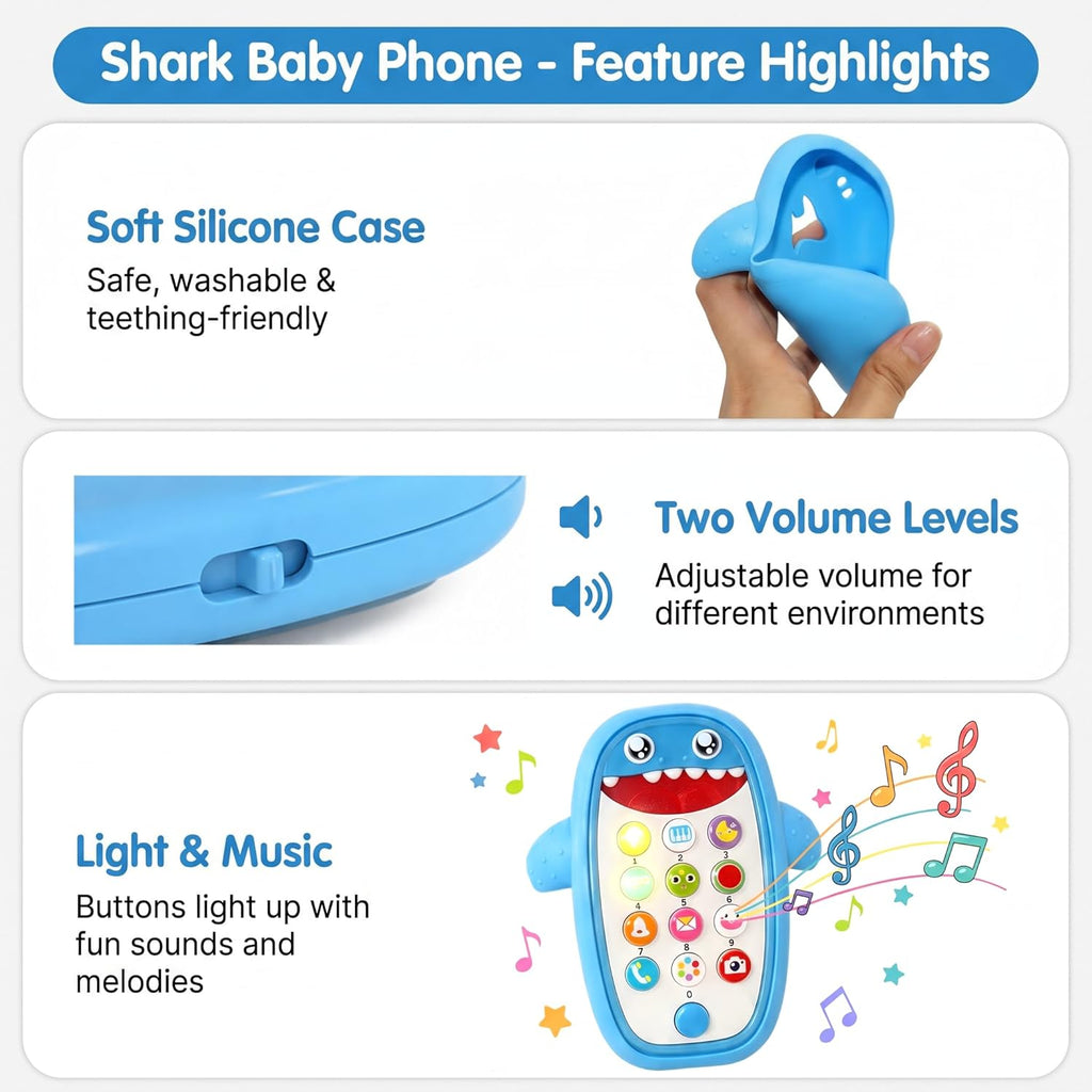 Baby Shark Cell Phone Toy Removable Teether Case, Light, Music Adjustable Volume Kid Play Learn Fake Phone Infant Toddler, Preschool Holiday Birthday Present Gift for Girl Boy 12 Months (Blue)